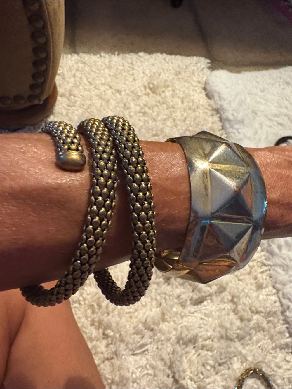 Brass tone Coil and Geometric Cuff Bracelet Set - Gold Tone